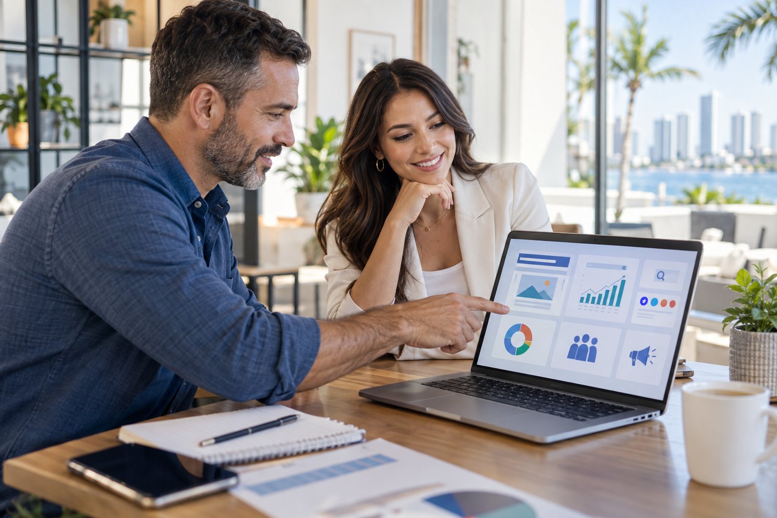 Business owner and digital marketing strategist reviewing a monthly growth plan