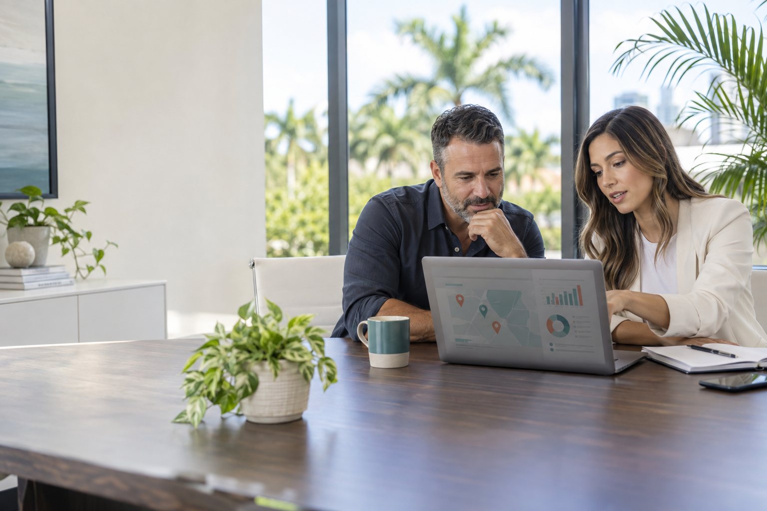Small business owners reviewing a local SEO plan in a South Florida office