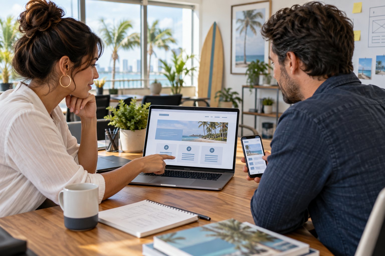 Small business owner and web professional reviewing a website on laptop and phone
