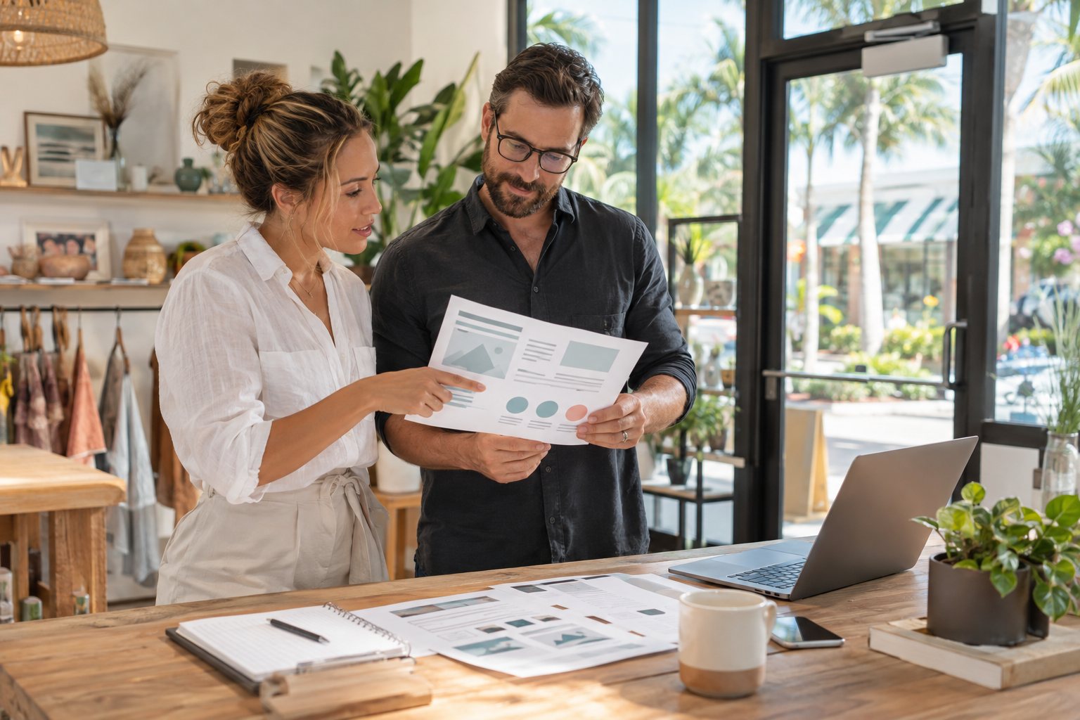 Small-business owner and web professional reviewing a customer journey plan