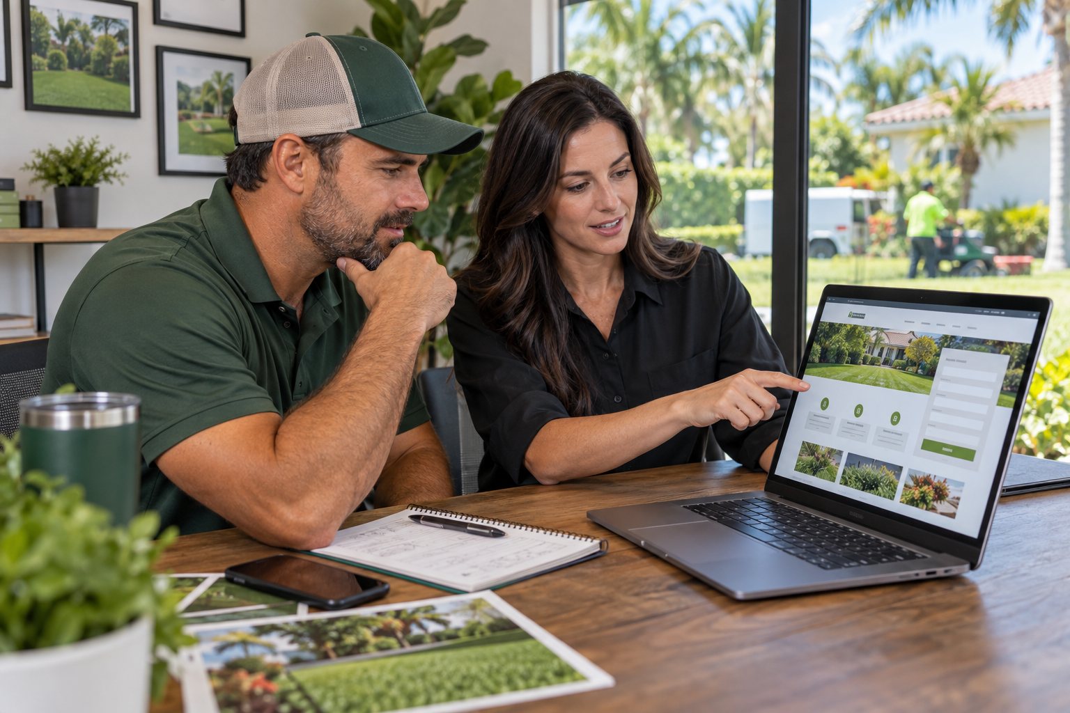 Lawn care business owner reviewing a new website and estimate workflow