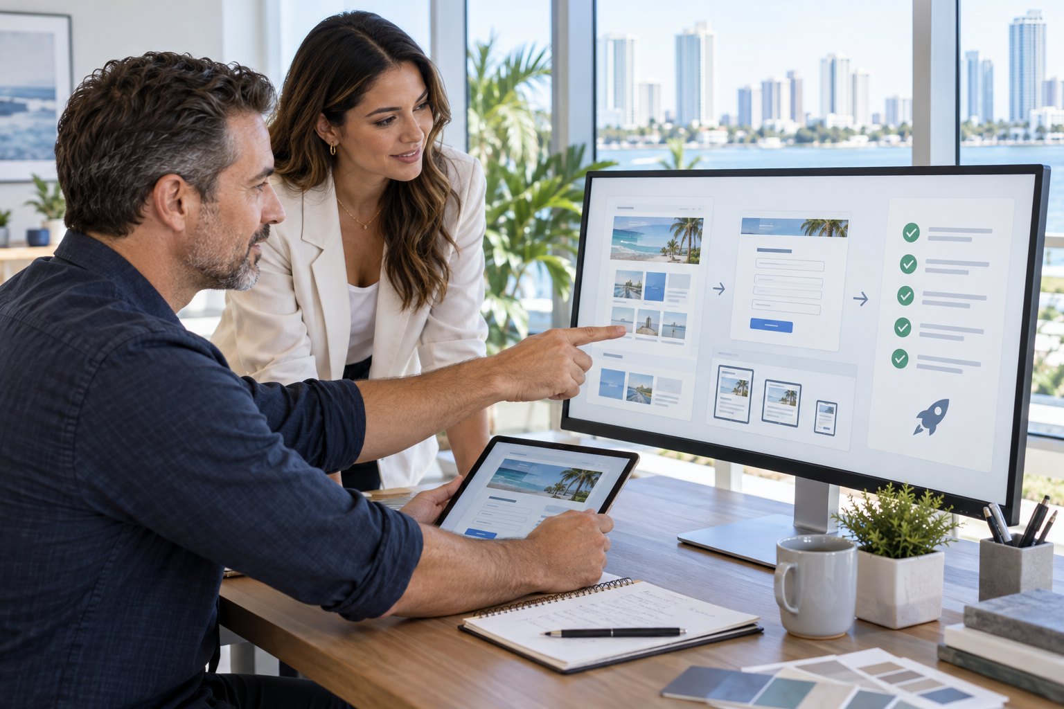 Small business owner and web professional reviewing a website redesign cutover plan