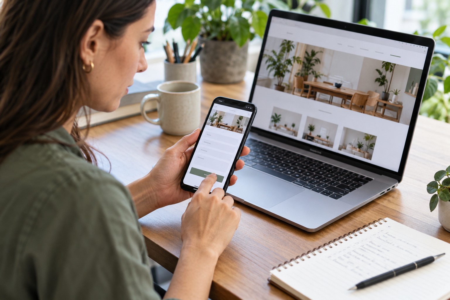 Small business owner testing a website form on a phone beside a laptop