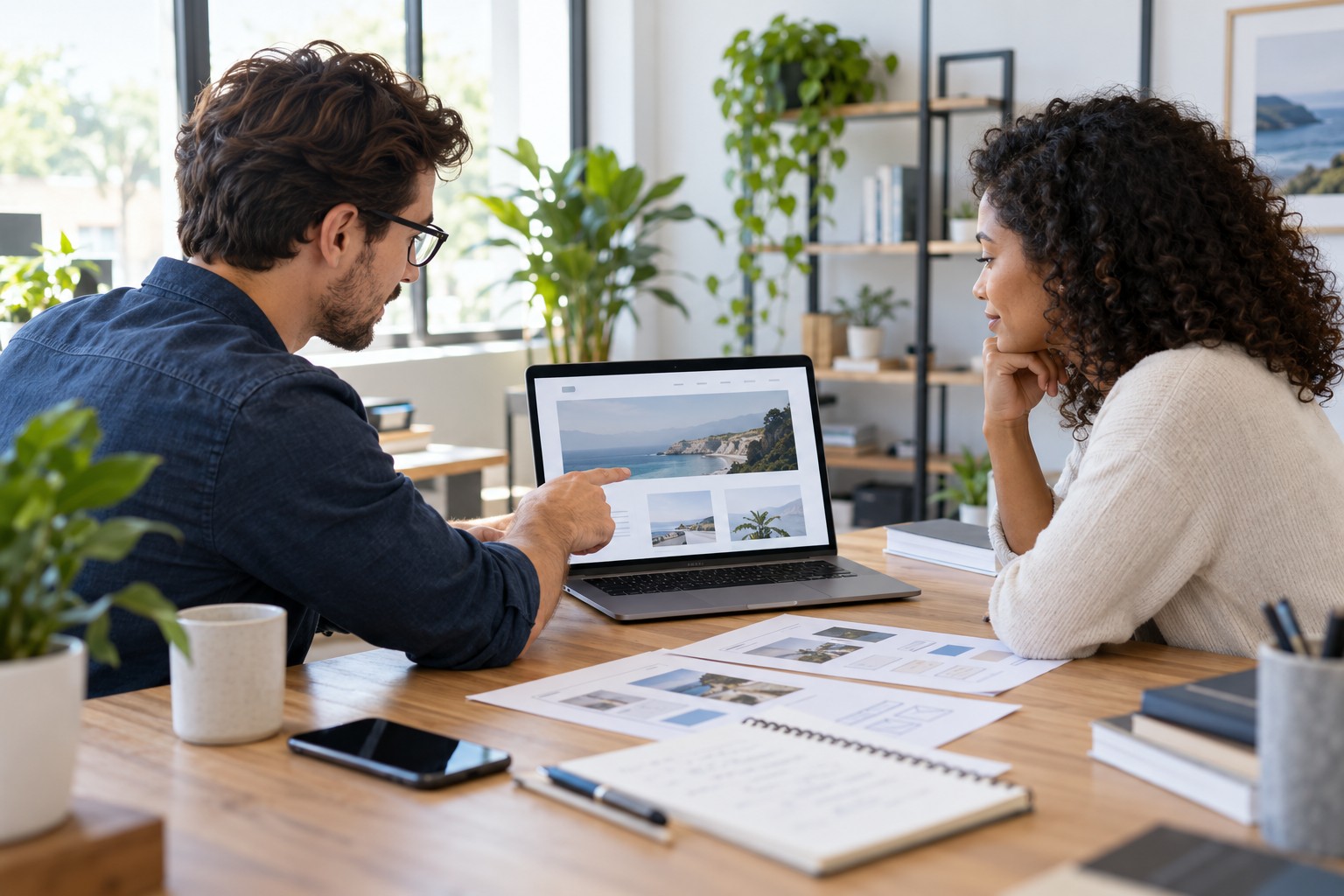 Small business owner and web professional reviewing a website project