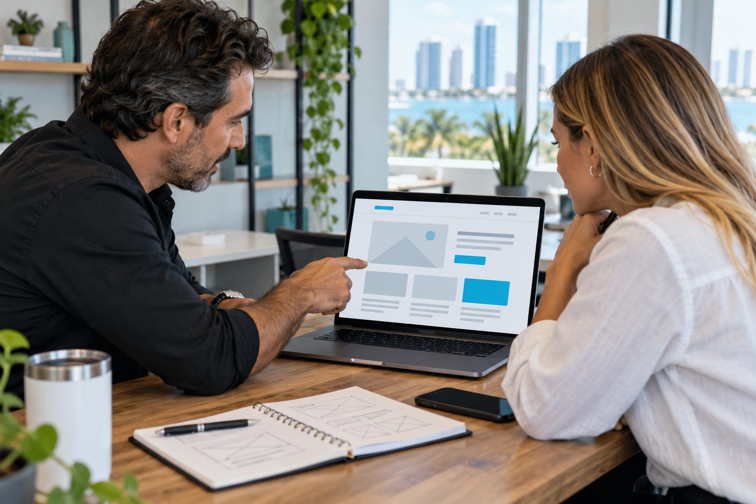 Small-business owner and web strategist reviewing an AI-assisted website plan
